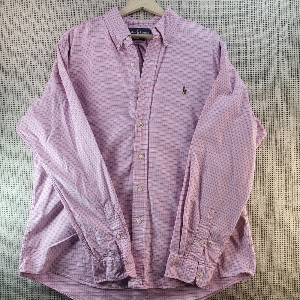 Ralph Lauren Shirt Mens XL Pink Check Button Down Long Sleeve‎ Custom Fit Casual